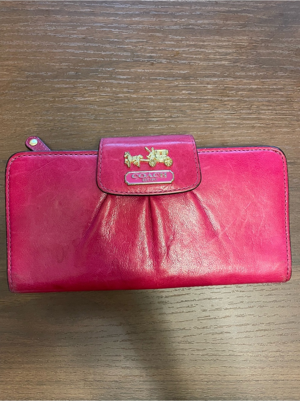 COACH Pink Leather Continental Wallet with Gold Hardware